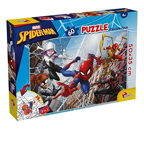 Liscianigiochi - Marvel Puzzle DF, 99689, Doppelseitiges Plus Puzzle 60 Spiderman - Rekonstruieren und Ausmalen der besten Szenen Ihres Superhelden - Format 70x50