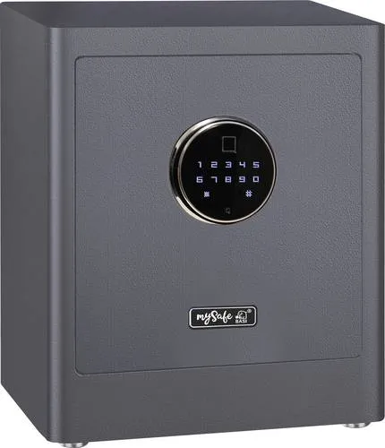 Basi mySafe Premium 350 Möbeltresor mit Fingerabdruck- und Zahlenschloss - Sicherheitstechnik: Moderner Möbeltresor in Grau mit Fingerprint-Technologie und 4-stelligem Zahlencode. Schützt Ihre Wertsachen sicher und stylish.