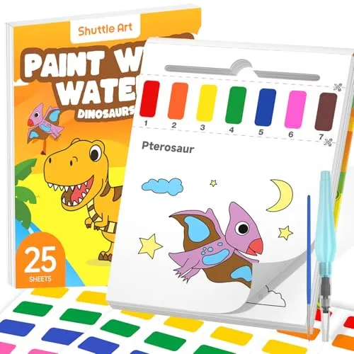 Shuttle Art Malbuch mit Wasserfarben für Kleinkinder, Wassermalbuch für Kinder mit 25 Seiten Dinosaurier Vorlagen, 2 Pinseln und Wassermalfarben, Wasserfarben nach Zahlen Kinder Malbuch ab 3-8