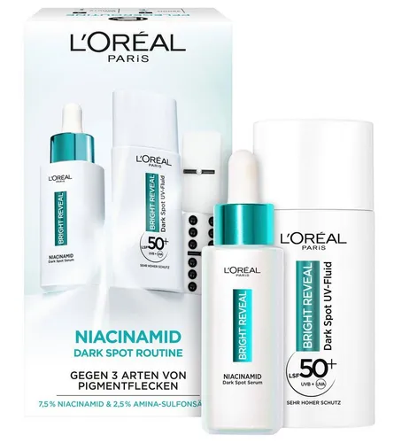 L'Oréal Paris Anti-Pigmentflecken Set: Bright Reveal Niacinamid Serum & UV Fluid LSF50 - Tagespflege für strahlende Haut: Mildert Pigmentflecken mit Niacinamid und schützt vor UV-Strahlen mit LSF 50. Ideal für alle Hauttypen, sorgt für ein frisches, ebenmäßiges Hautbild.