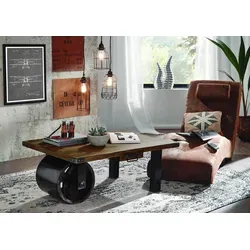Massivmoebel24 Couchtisch RAILWAY - Industrial Style mit Schublade - Couchtisch im Industrial-Stil aus Mango-Holz (110x80x43 cm), mit einzigartigem Rad als Tischbein und praktischer Schublade für Stauraum.
