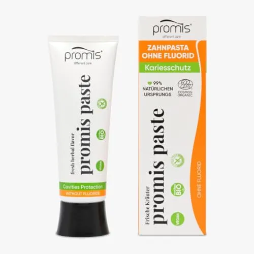 Promis Paste - Natürliche Zahnpasta für Sensible Zähne, Ohne Fluorid, Xylitol, Ecocert Cosmos Organic Zertifiziert, Vegan, Bio, Zuckerrohr-Tube, Recycelte Verpackung