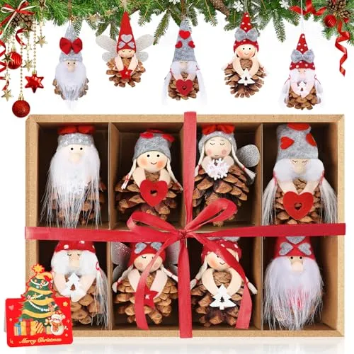 Christbaumschmuck Wichtel,8 Stück Tannenzapfen Weihnachtsbaumschmuck,Mini Weihnachtswichtel Set,Wichtelset Weihnachtsbaum Deko,Kleine Wichtel Weihnachtsdeko Figuren,Baumschmuck Weihnachten Anhänger