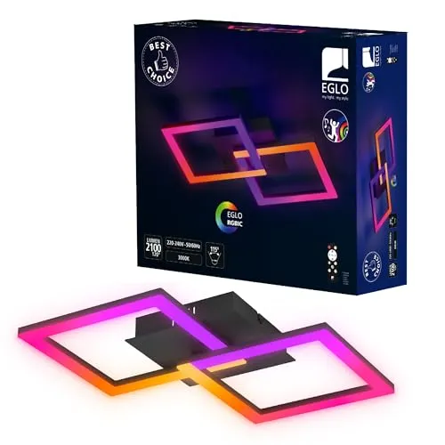 EGLO LED Deckenleuchte RGBIC, geometrische Deckenlampe für Gaming und Partys - Moderne Deckenlampe aus schwarzem Metall mit stimmungsvollem RGBIC-Licht und Fernbedienung. Ideal für Wohnzimmer, Schlafzimmer und als Partybeleuchtung.