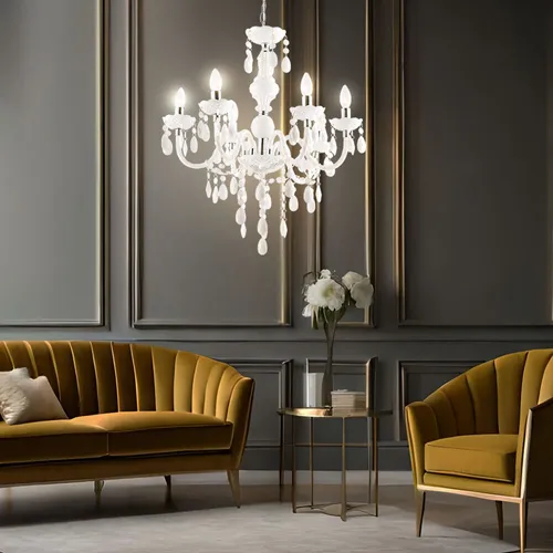 Eleganter Kronleuchter mit Kristallen 6-flammig - Kronleuchter mit Chrom- und Acryl-Dekor, 6x E14 Fassungen, ideal für stimmungsvolle Beleuchtung in Wohnzimmer und Esszimmer, durchmesser 67 cm, Höhe 166 cm.