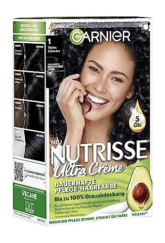 Garnier Nutrisse Dauerhafte Pflege-Haarfarbe mit nährenden Fruchtölen, Coloration mit 8 Wochen Halt, Ultra Crème Tönung, 10 Liquorice