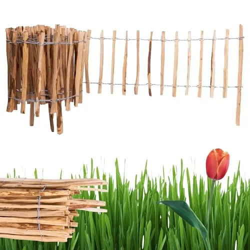 Ogrodzenia Wiklinowe Staketenzaun 35 cm - 5 m Beetumrandung aus Haselnuss Holz - Dekorative Zäune, langlebig und wetterbeständig aus unbeholztem Haselnuss-Holz, ideal für Beeteinfassungen und einfach zu montieren.