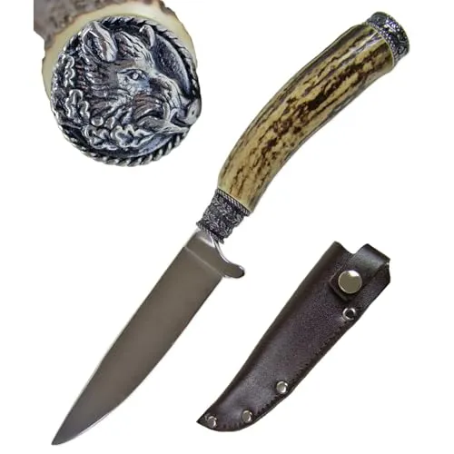 Funk Hirschhorn Trachtenmesser mit Zierkappe - Wildschwein - Taschenmesser aus rostfreiem Solinger Stahl, ideal für Trachtenliebhaber. Inklusive Sicherheitslederscheide und einzigartiger Motivkappe, perfekt als Geschenk!