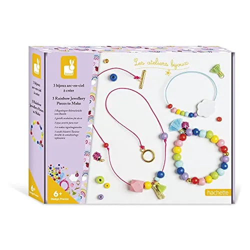 Janod - Bastel-Set für 3 Regenbogen-Schmuckstücke – 2 Ketten & 1 Armband – Les Ateliers Bijoux – Kreatives für Kinder – Geschick & Konzentration – Farben auf Wasserbasis – Ab 6 Jahren, J07936