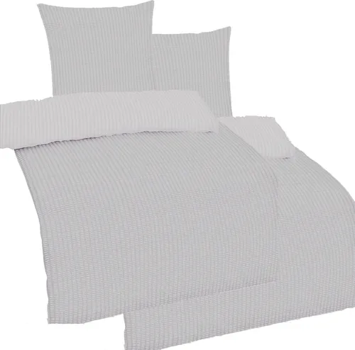 4-tlg. Seersucker Bettwäsche Set, hellgrau - Bettwäsche Garnitur aus 100% Microfaser, bügelfrei und pflegeleicht. Ideal für Doppelbetten mit zwei kompletten Garnituren (135x200 cm + 80x80 cm) in stilvollem hellgrau.