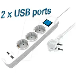 TME NV56-5WL - Steckdosenleiste, 3-fach, 2x USB, weiss, 5 m