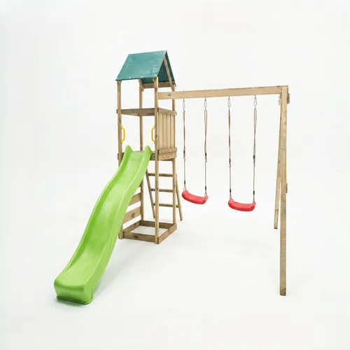 MaxPlay 2.1 Spielturm mit Rutsche, Doppelschaukel und Kletterwand - Vielseitiger Spielturm für stundenlangen Spaß! Mit 2,2 m Wellenrutsche, Doppelschaukel und Kletterwand – ideal für bis zu 7 Kinder. Inklusive Sandkastenrahmen und wetterfestem Dach für sorgenfreies Spielen.
