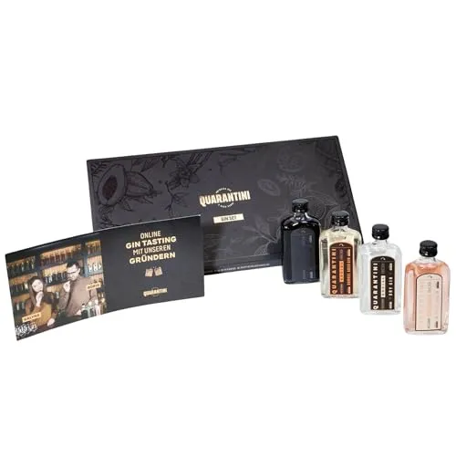 Quarantini Gin Tasting Set inkl. Online-Tasting 42% Vol. (4 x 50 ml) – Geschenkset mit vier fruchtigen Sorten (Barrel Aged, Dry, Black und Rosé)