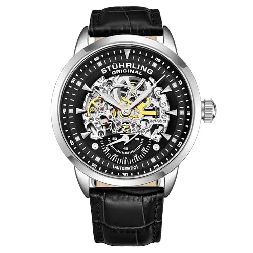 Stuhrling Original Herren-Automatikuhr mit Skelett-Design - Armbanduhren für Herren mit atemberaubendem Skelett-Design und 22-Juwelen-Uhrwerk für präzise Zeitmessung ohne Batterien. Stilvolles Alligator-Lederarmband sorgt für Komfort und Eleganz.
