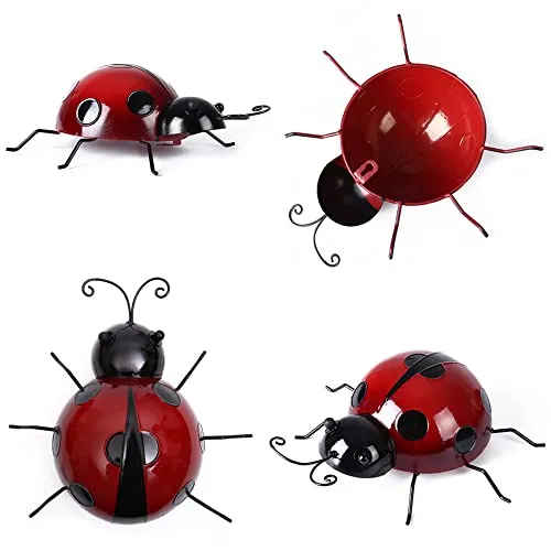 Niuhong 4 Pcs Marienkäfer Garten Deko Ladybug Wandskulptur Dekoration Metall Käfer Wanddeko Gartenzaun Innen Rost Deko Balkon Deko Insekten Home Dekorationen 3D Wanddekor Insekt Zäune Decor Rot