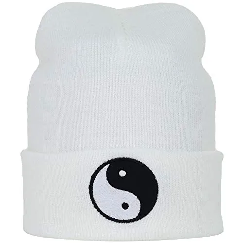Yoga Beanie Mütze mit Stickerei Yin Yang Yoga Accessoire Sport Zubehör | Ying Yang Strickmütze warme Wintermütze Outdoor Beanie Cap Feng Shui Dekoration | OneSize | weiß