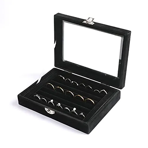 Frebeauty Ringe/Ohrring-Organizer-Tablett mit transparentem Deckel, 7 Fächer, Samt-Schubladeneinsatz, Schmuck-Aufbewahrungsbox, Schmuck-Vitrine, Schmuckkästchen, Geschenk (Schwarz,7 Fächer)