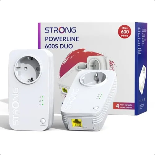 STRONG AV600 Mbit/s Powerline Adapter Setmit Steckdose, HomePlug AV2 Powerline Internet Verstärker, Plug & Play, Ein Knopf Sicherheit, Energiesparmodus, 100 Mbit/s LAN Ports, ideal für TV, PC (PL600S)