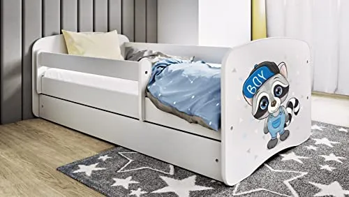 Bjird Kinderbett Jugendbett 70x140 80x160 80x180 Weiß mit Rausfallschutz Schublade und Lattenrost Kinderbetten für Mädchen und Junge - Waschbär 180 cm