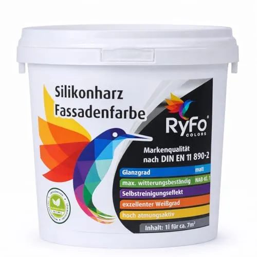 RyFo Colors Silikon Fassadenfarbe 1l - Wetterbeständige Außenfarbe für langlebige Fassaden - Hochwertige Silikonharz-Fassadenfarbe für den Außenbereich. Schmutz- und wasserabweisend mit hoher Deckkraft für eine professionelle Optik. Ideal für stark beanspruchte Flächen.