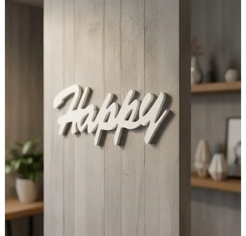 Melko Wanddekoobjekt Dekoschild Schriftzug Happy Schwarz oder Weiß MDF Holz zum aufstellen (Stück, Dekoschild Happy), Ideal für inspirierende Home-Dekoration