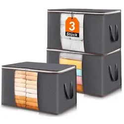 3er Set 90L Aufbewahrungsboxen mit Deckel – Faltbare Kleiderboxen,Kleiderschrank Organizer, Aufbewahrungstasche,mit Sichtfenster,faltbar,für Kle... - Grau
