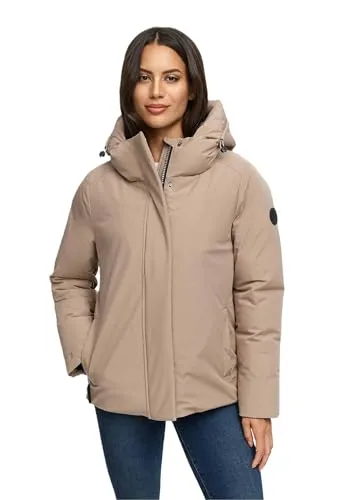 MARIKOO Damen Winterjacke N113 - Kapuze, gefütterte Taschen, Belüftungsschlitze - TaupeGrey Größe M - Hochwertige Damen Winterjacke aus 100% Polyester mit funktionalen Details. Integrierte Kapuze und Belüftungsschlitze sorgen für Komfort und Schutz, während fleecegefütterte Taschen Sicherheit bieten. Klassisch-sportlicher Look für jeden Anlass.