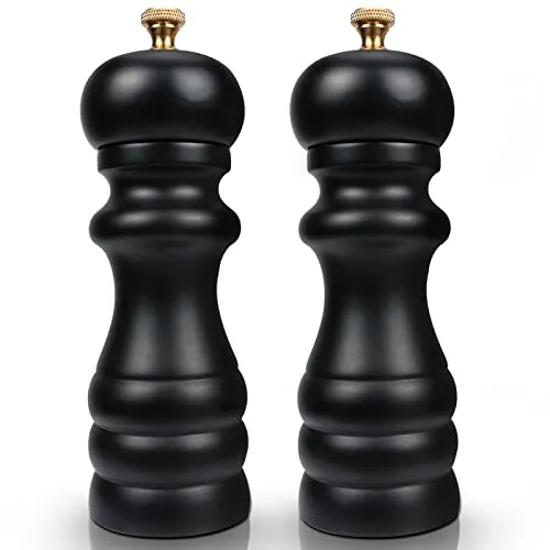 Salz und Pfeffermühle Set, Manuelle Pfeffer und Salzmühle Schwarz Groß, Gewürzmühle Holz mit Einstellbarem Keramikmahlwerk fein Bis Grob, 6,5 Zoll Pfeffermühle für Meersalz, Chili, Grobes Salz