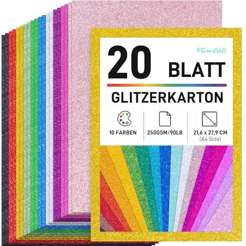 VGOODALL Glitzerpapier zum Basteln, 20 Blatt A4 10 Farben 250g/m² Glitzer Kartonpapier, Buntes Bastelpapier für Weihnachtskarten, Weihnachtsdeko, Geschenkverpackung und DIY-Projekte