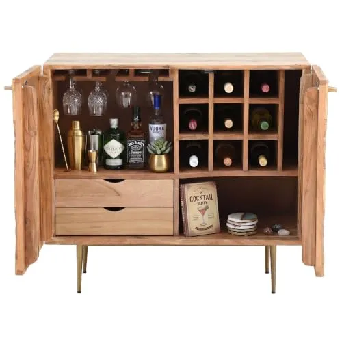Wohnling Barschrank Akazie Massivholz 90cm Natur mit Weinregal