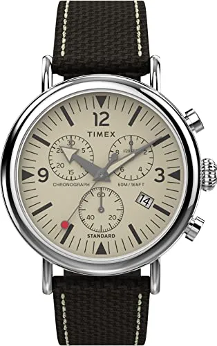 Timex Herren-Chronograph, 41 mm, braunes Armband, cremefarbenes Zifferblatt, silberfarbenes GEH use, braun, One Size, 41 mm Standard Chrono Leder Combo Armband Uhr