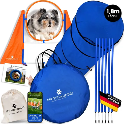 PfotenWunder Agility-Hürde Set für große & kleine Hunde - Agility-Geräte für professionelles Training mit 1x Hürde und verstellbarem Tunnel. Inklusive 16-seitiger Anleitung und 21-min. Video-Kurs für optimale Förderung!