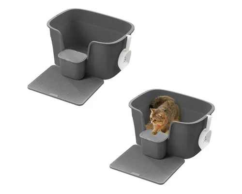 FEANDREA Katzentoilette für große Katzen mit hohen Seitenwänden - Optimale Lösung für Ihr Zuhause! Diese offene Katzentoilette bietet eine praktische Schaufel und eine Streumatte, um Schmutz zu minimieren. Ideal für große Katzen und vereinfacht die Reinigung.