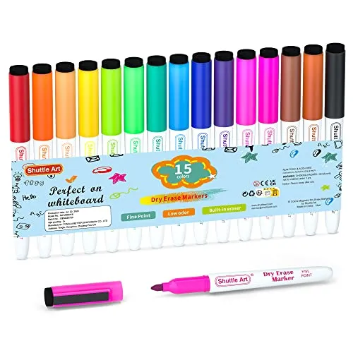 Shuttle Art Whiteboard Marker Set, 15 Farben Magnet Whiteboard Stifte mit Radiergummi, Folienstift abwischbar, Dry Erase Marker mit feiner Spitze, Flipchart Stifte für Weißwand, Schreibtafeln, Spiegel