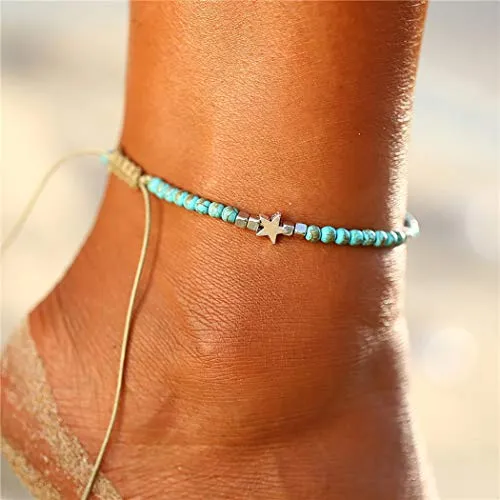 Prosy Boho Türkis Fußkettchen Blau gewebt Perlen Knöchelarmbänder Kette Strand Fuß Schmuck Einstellbar für Frauen Mädchen