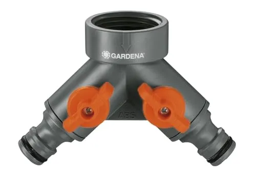 Gardena 2-Wege-Ventil: Wasserverteiler für Wasserhahn mit 26,5 mm (G 3/4 Zoll) Gewinde, für gleichzeitigen Anschluss von zwei Geräten, beide Ausgänge regulierbar (938-20)