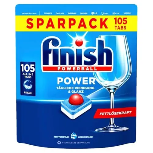 Finish Powerball All in 1 Spülmaschinentabs, 105 Tabs - Geschirrspülmittel mit starker Fettlösekraft, entfernt selbst hartnäckige Verschmutzungen und sorgt für strahlend sauberes Geschirr ohne Vorspülen.