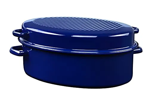 RIESS Emaille Gänsebräter oval 38 cm mit Deckel - Pfanne für perfekte Bratergebnisse, induktionsfähig und kratzfest, ideal für alle Herdarten und spülmaschinenfest.