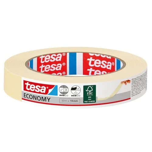 tesa Malerband ECONOMY - Vielseitiges Klebeband für Malerarbeiten ohne Lösungsmittel - Bis zu 4 Tage nach Gebrauch rückstandslos entfernbar, 50 m x 19 mm
