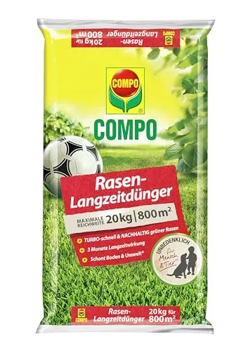 COMPO Rasendünger 20 kg - 3 Monate Langzeitwirkung - Premium Rasendünger für dichten, grünen Rasen, ideal für Zier-, Sport- und Spielrasen. Tierfreundlich und einfach anzuwenden, geeignet für 800 m².