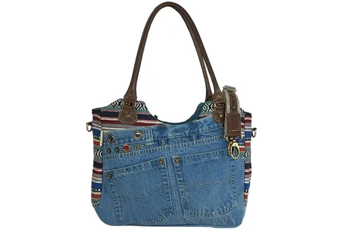 Sunsa unsa Damen Handtasche - Nachhaltiger Damen-Shopper aus recycelter Jeans-Baumwolle & Leder, ideal für alle Bedürfnisse mit viel Stauraum und praktischen Fächern.