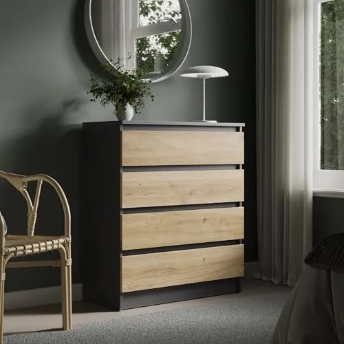 Kommode 76 cm breit mit 4 Schubladen in Anthrazit und Artisan-Eiche - Hochwertige Kommode mit 4 stabilen Schubladen für extra Stauraum. Ideal für Schlafzimmer, Wohnzimmer oder Flur. Produziert in Deutschland mit über 70 Jahren Erfahrung. Kompakte Breite von 76 cm für vielseitige Nutzung.