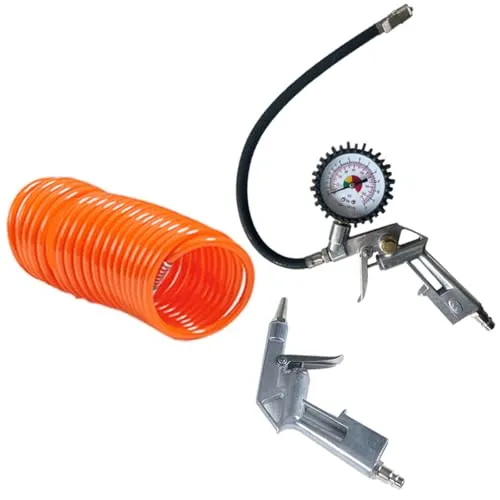 Starkwerk Druckluftset 3-teilig – Reifenfüllmesser mit Manometer, Ausblaspistole & 5m Spiralschlauch – Profi Druckluft Zubehör für Werkstatt, Auto & Garage