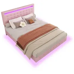 Modfu Polsterbett Rosa, 140x200 cm mit LED-Beleuchtung - Modernes Polsterbett in Rosa mit schwebender Optik und individuell anpassbarer LED-Beleuchtung. Ideal für ein stilvolles Schlafzimmer, bietet es Komfort durch ein höhenverstellbares Kopfteil und pflegeleichte Materialien.