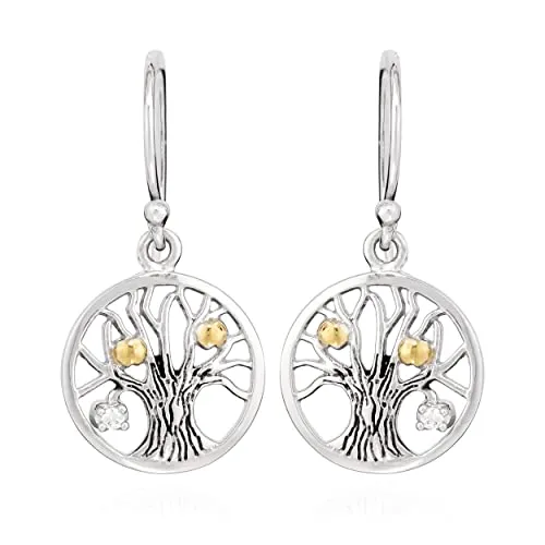 NKlaus Paar 11,8mm Ohrhaken Lebensbaum Rund 925 Silber Ohrringe Zirkon weiß Blatt gold 13956