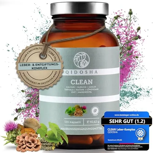 QIDOSHA® CLEAN Leber Komplex Kapseln - TESTSIEGER 01/2024 - Präparate zur Entgiftung & Detox-Kur, 120 Kapseln im Apothekerglas, vegan und mit hochwertigen Inhaltsstoffen für eine optimale Leberfunktion.