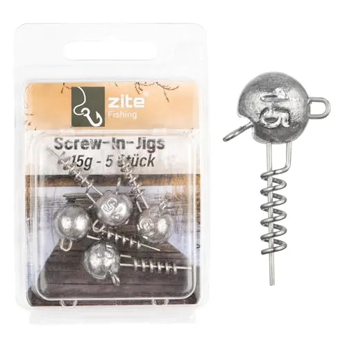 Zite Fishing Screw-In-Jigs 5-20g 5er-Pack | Screw-Jigköpfe Blei langlebig Raubfisch-Angeln | Schraubspirale Gummifisch-System | Korkenzieher Screw Jigheads Hecht, Zander, Barsch Angeln (15 g)