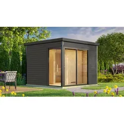 Weka 412 Saunahaus mit 9 kW Ofen und integrierter Steuerung - Modernes Saunahaus mit breiter Ganzglastür für einen optimalen Blick in den Garten. Inklusive hochwertigem Saunaofen und Platz für entspannende Saunagänge auf zwei Liegen.