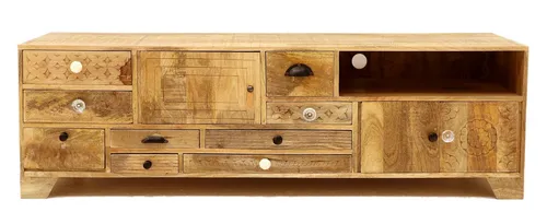 Indischesmoebelhausde Lowboard Fernsehtisch Manu 160x50x45 aus Mangoholz - Handgefertigter Fernsehtisch aus hochwertigem Mangoholz, einzigartig in jedem Detail. Ideal für ein warmes Wohnambiente und bietet ausreichend Platz für Ihre Unterhaltungselektronik.