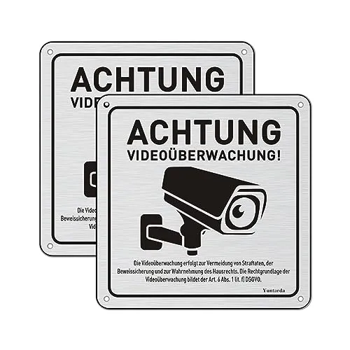 Stück Videoüberwachung Schild Privatgrundstück mit DSGVO Hinweis, 15x15cm Gebürstet Aluminium Schilder Kameraüberwachung mit Selbstklebend und 4 Bohrlöcher Kamera Überwachung Schild Warnschild 2